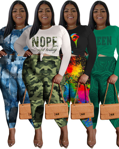 Autumn Casual Print Plus Size Basic Shirt + Pants Two Piece Outfit