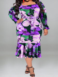 Autumn Floral Print Long Sleeve Plus Size Party Dress