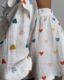 Autumn Casual Heart Print Ruffles Two Piece Cotton Loungwear