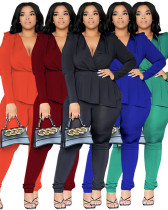 Autumn Casual Solid Color Deep-V Sexy Top + Pants Plus Size Outfit