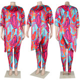 Autumn Print Irregular Shirt + Pants Plus Size Casual Outfit