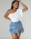 Autumn Blue Casual Stretch Denim Side Slit Mini Skirt