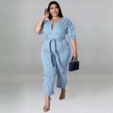 Casual Plus Size Front Zipped Denim Jumpsuit