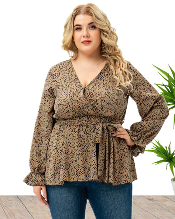 Casual Plus Size Leopard Print V-Neck Long Sleeve Autumn Blouse