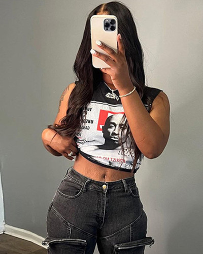 American Hot Girl Cartoon Print Short Slim Fit Sleeveless Top