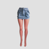 Autumn Blue Multi-pocket Casual Stretch Denim Mini Skirt