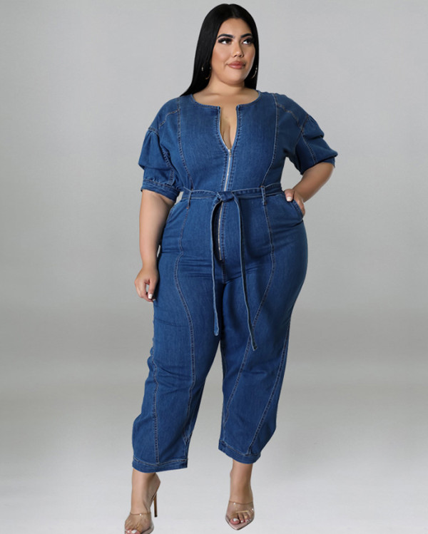 Casual Plus Size Front Zipped Denim Jumpsuit