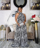 Casual Zebra Print Scoop Neck Plus Size Bell Bottom Jumpsuit