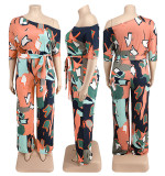 Casual Print Plus Size Slash Shoulder Formal Jumpsuit