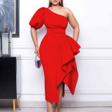 S-3X Formal Solid Color One Shoulder Side Slit Midi Gown