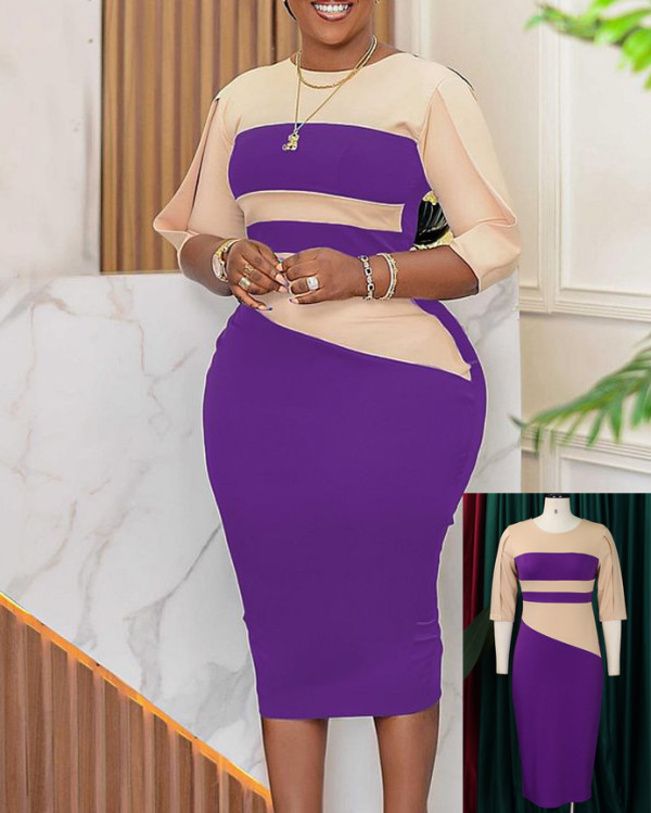 S-3X Formal Contrast Color O-Neck Wear-to-Work Midi Office Dress