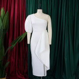 S-3X Formal Solid Color One Shoulder Side Slit Midi Gown