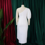 S-3X Formal Solid Color One Shoulder Side Slit Midi Gown