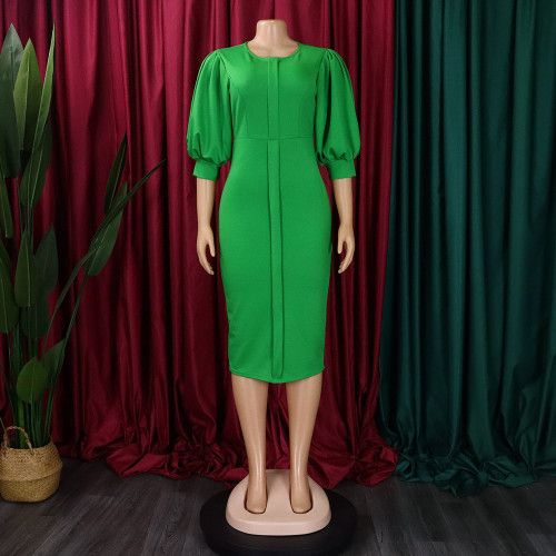S-3X Formal Solid Color O-Neck Puff Sleeve Midi Office Dress