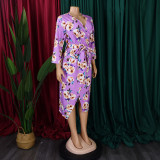 S-3X Formal V-Neck Flroal Print Wear to Work Midi Plus Size Office Dress