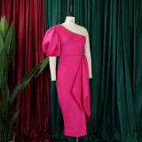 S-3X Formal Solid Color One Shoulder Side Slit Midi Gown