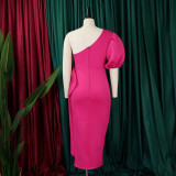 S-3X Formal Solid Color One Shoulder Side Slit Midi Gown