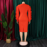 S-3X Formal Solid Color O-Neck Ruffles Sleeve Midi Office Dress