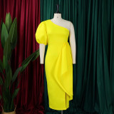 S-3X Formal Solid Color One Shoulder Side Slit Midi Gown