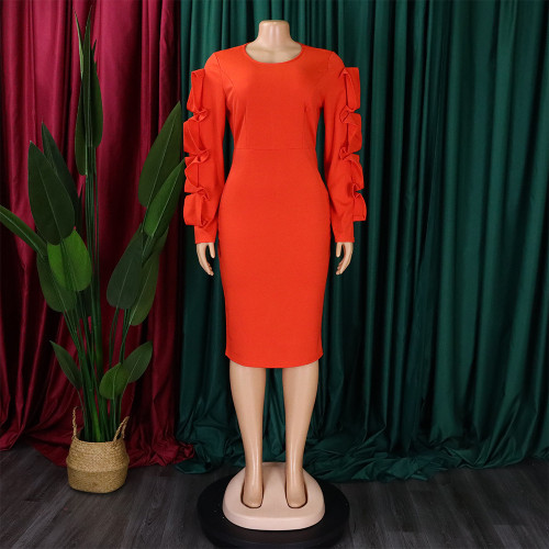 S-3X Formal Solid Color O-Neck Ruffles Sleeve Midi Office Dress