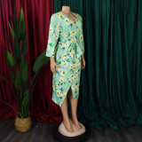 S-3X Formal V-Neck Flroal Print Wear to Work Midi Plus Size Office Dress