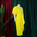 S-3X Formal Solid Color One Shoulder Side Slit Midi Gown