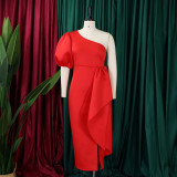 S-3X Formal Solid Color One Shoulder Side Slit Midi Gown