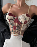 Retro Mesh Flower Embroidered Steel Ring Fishbone Vest