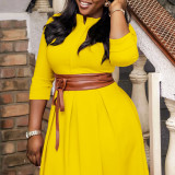 S-3X Formal O-Neck Wear to Work Midi Plus Size Office Dress + Belt