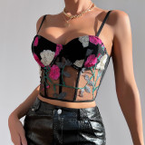 Retro Mesh Flower Embroidered Steel Ring Fishbone Vest