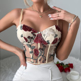 Retro Mesh Flower Embroidered Steel Ring Fishbone Vest