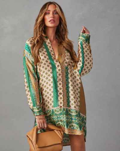 Autumn Retro Print Satin Loose Blouse Dress