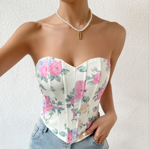 Floral Print Vintage Fishbone Vest