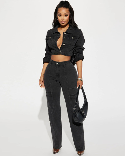 Autumn Winter Stretch Sexy Denim Crop Top + Pants Two Piece Casual Outfit