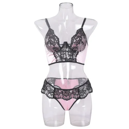 Sexy Underwear Lace Satin Patchwork Bra Set Lingerie