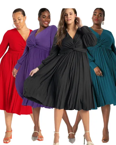 	 Autumn Solid Color V-Neck Long Sleeve Plus Size Casual Dress 