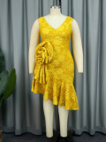 S-4X Autumn Yellow Formal Dress Winter V-Neck Floral Fishtail Evening Dress