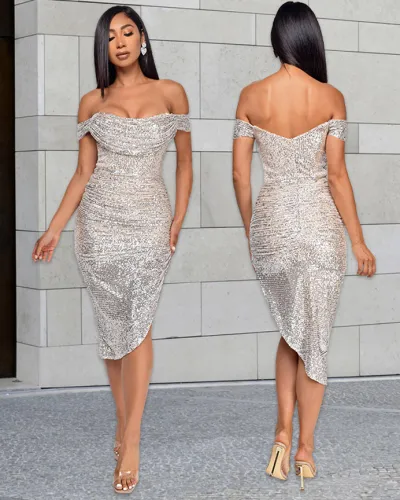 Autumn Formal Off Shoulder Irregular Sexy Sequin Party Dress