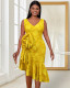 S-4X Autumn Yellow Formal Dress Winter V-Neck Floral Fishtail Evening Dress