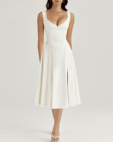 Autumn Solid Color Elegant Wide Straps Back Lace-Up Retro Long Dress