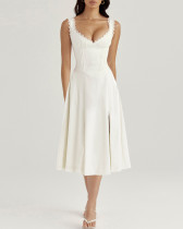 Autumn Solid Color Elegant Wide Straps Back Lace-Up Retro Long Dress