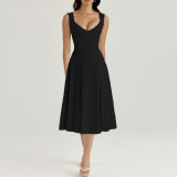 Autumn Solid Color Elegant Wide Straps Back Lace-Up Retro Long Dress