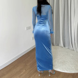 Autumn Winter Sexy Mesh Patchwork Feather Sleeve Cuff Long Velvet Party Dress