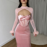 Autumn Winter Sexy Mesh Patchwork Feather Sleeve Cuff Long Velvet Party Dress