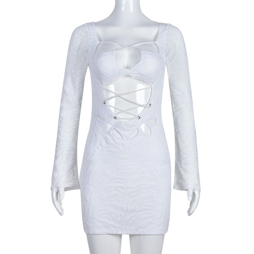 Autumn Party Sexy Hollow Out Long Sleeved White Dress