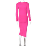 Autumn Solid Color Sexy Slim Fit Square Neck Hot Pink Midi Dress