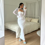 Autumn Winter Sexy Mesh Patchwork Feather Sleeve Cuff Long Velvet Party Dress