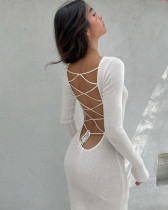 Autumn Sexy Back Lace-Up White Knitting Long Maxi Dress