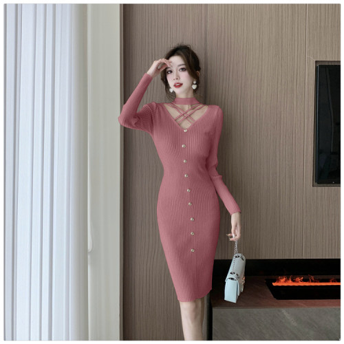Autumn Winter Casual Elegant Solid Color Slim Fit Hollow Out Knitting Basic Dress