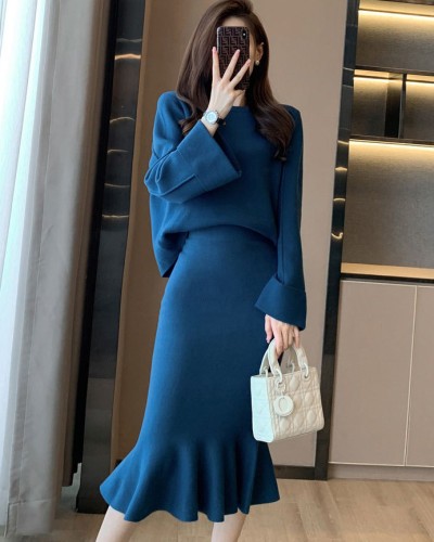 Autumn Winter Elegant Solid Color Loose Knitting Top + Mermaid Long Skirt Two Piece Outfit